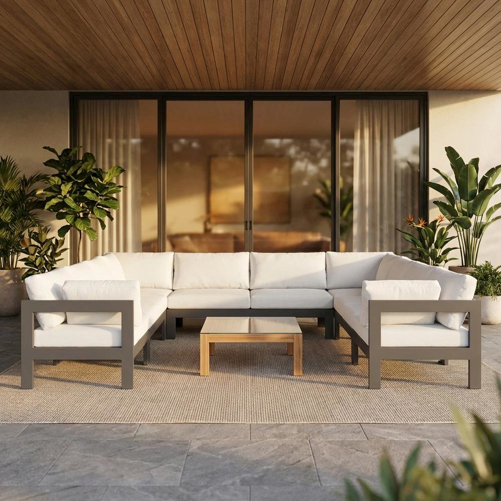 White Fabric Outdoor Sectional With Contemporary Style And Cushioned Seating. Picture 2