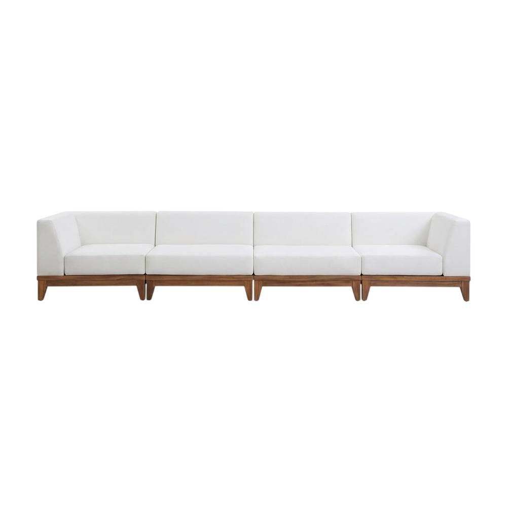 White Fabric Outdoor Patio Modular Sectional, Acacia Wood Finish, Contemporary. Picture 4