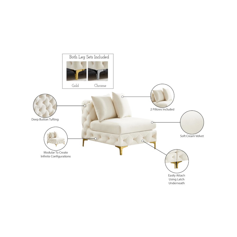 Tremblay Cream Velvet Armless Chair. Picture 15