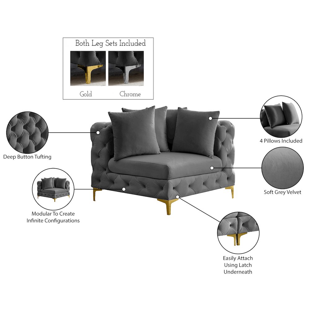 Tremblay Grey Velvet Corner Chair. Picture 13