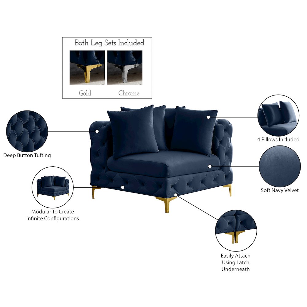 Tremblay Navy Velvet Corner Chair. Picture 13