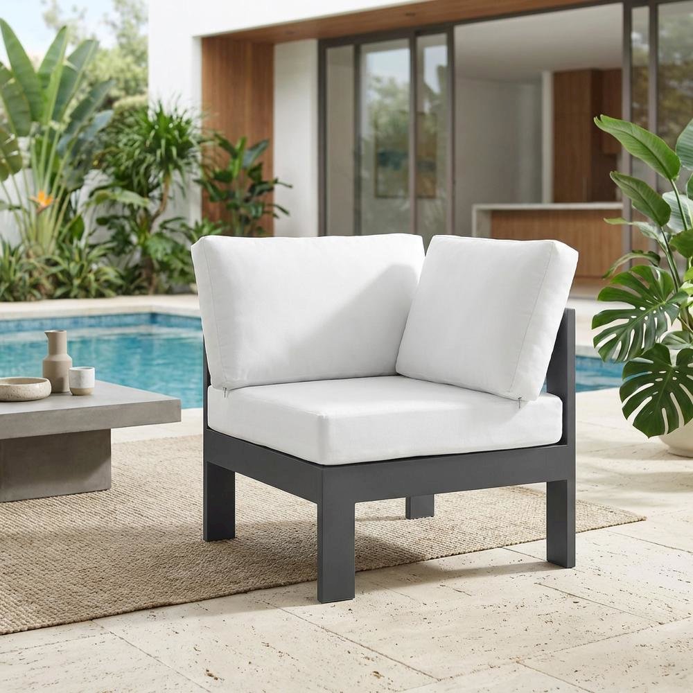 White Fabric Outdoor Patio Aluminum Corner Chair With Contemporary Design. Picture 3