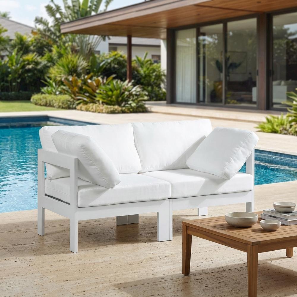 White Fabric Outdoor Patio Modular Sofa, Contemporary Style, Cushioned Seating. Picture 3