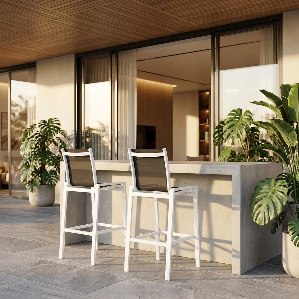 Contemporary White Outdoor Patio Bar Stools Set Of 2 With Back Support. Picture 2