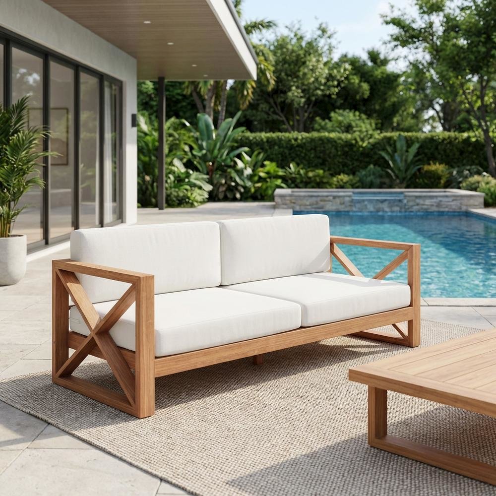 Contemporary White Fabric Outdoor Sofa With Teak Finish. Picture 3