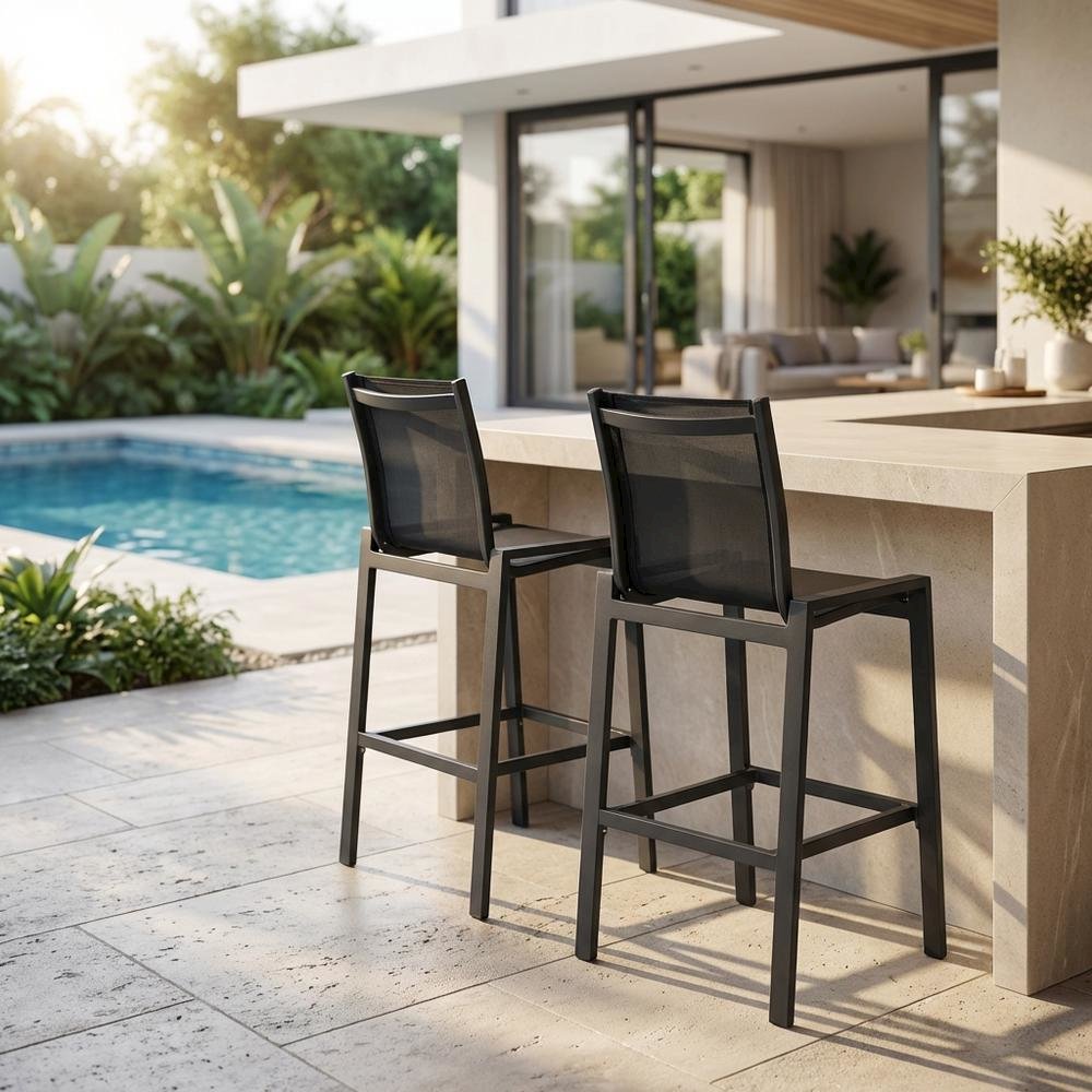 Contemporary Grey Outdoor Patio Barstool Set Of 2 With Cushioned Seats. Picture 3