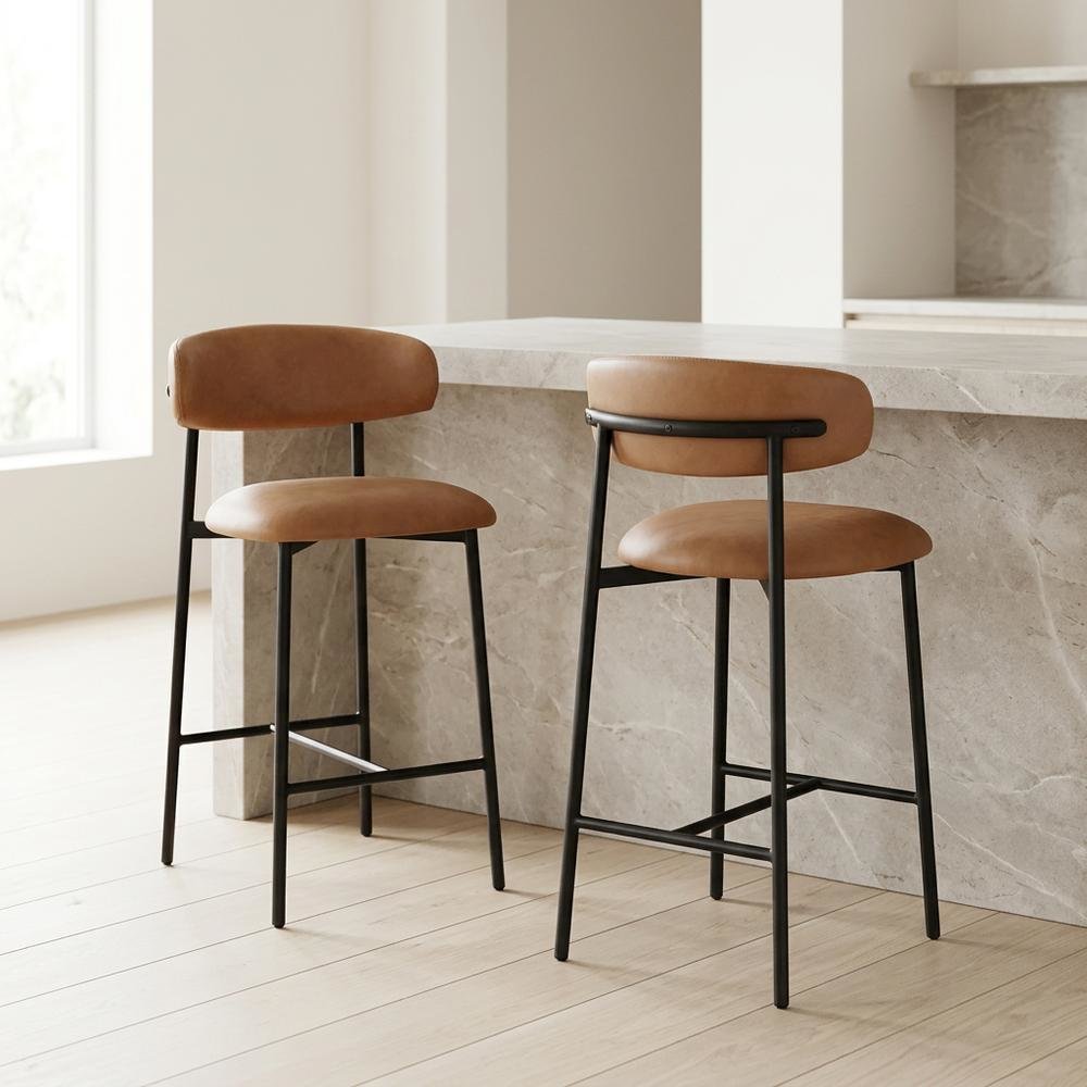 Vegan Leather Counter Stools with Back, Kitchen Island, Cognac, Set of 2. Picture 3