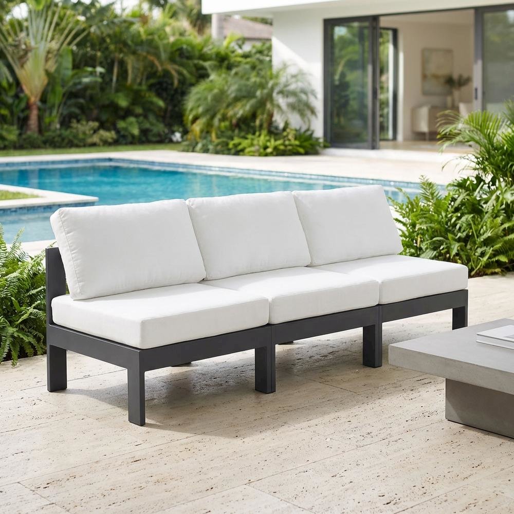 White Fabric Outdoor Patio Modular Sofa, Contemporary Design, Cushioned Seat. Picture 3