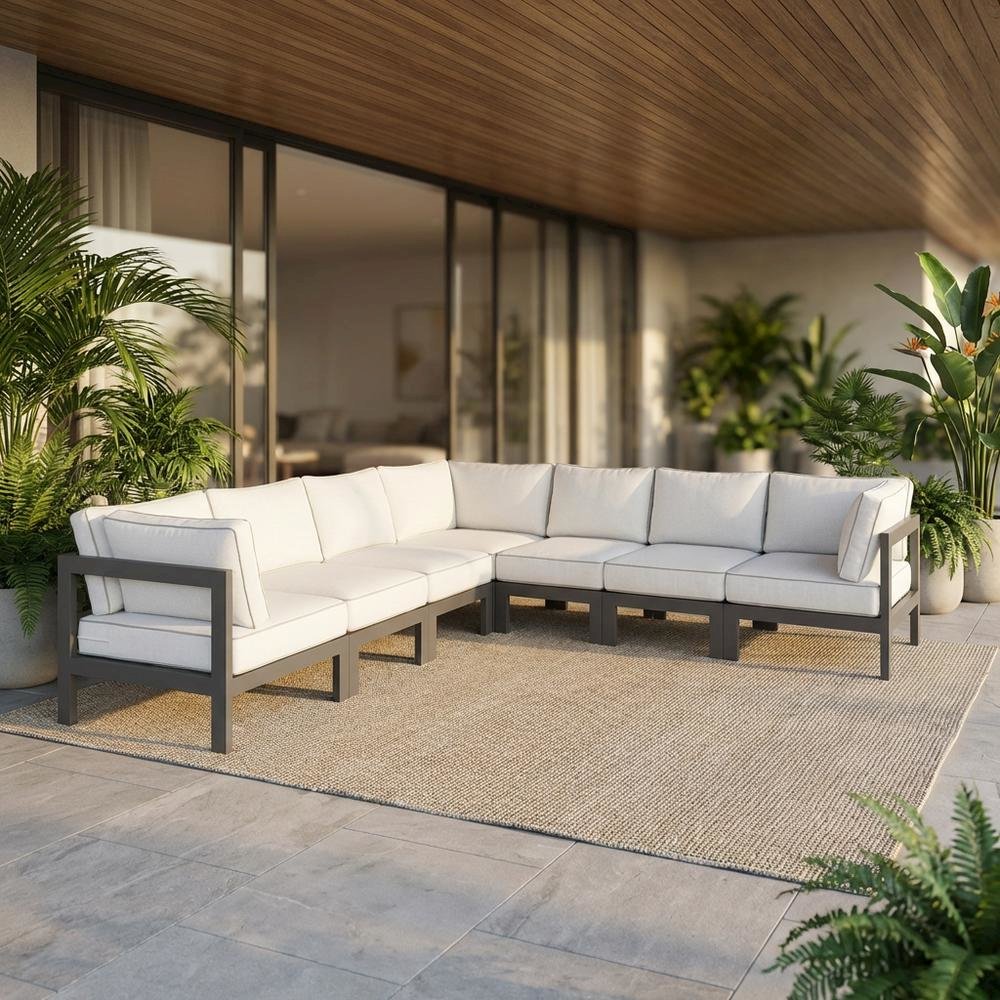 White Fabric Outdoor Patio Modular Sectional With Contemporary Design. Picture 2