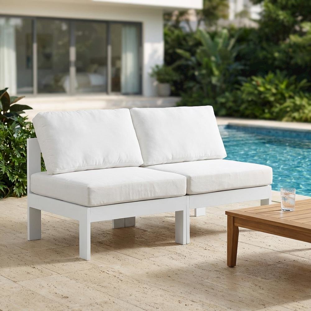 White Fabric Outdoor Patio Modular Sofa, Contemporary Design, Cushioned Seating. Picture 3
