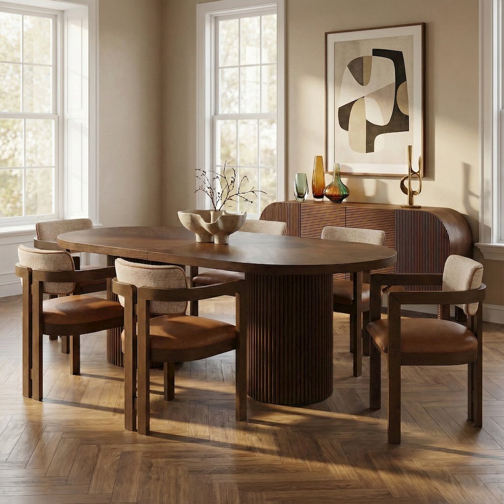 Belinda 90" / 106.5" / 123" Brown Oak Wood Dining Table. Picture 2
