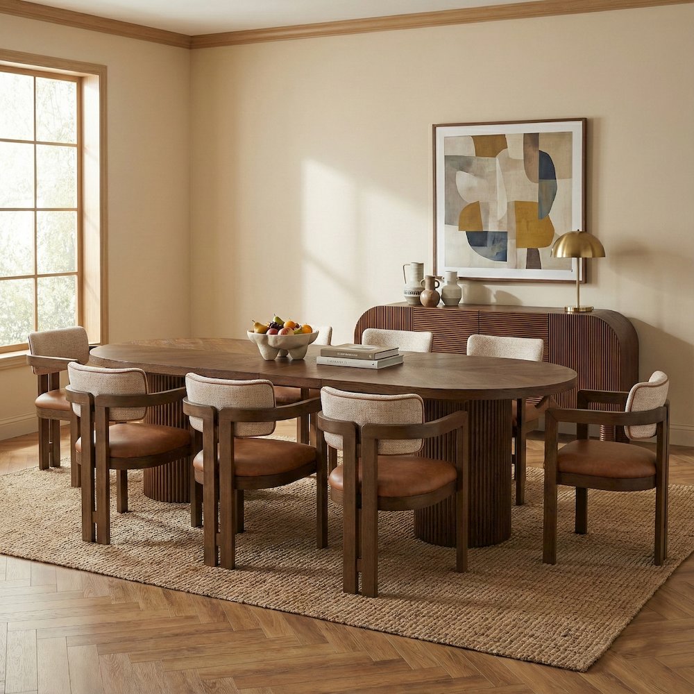 Belinda 90" / 106.5" / 123" Brown Oak Wood Dining Table. Picture 4