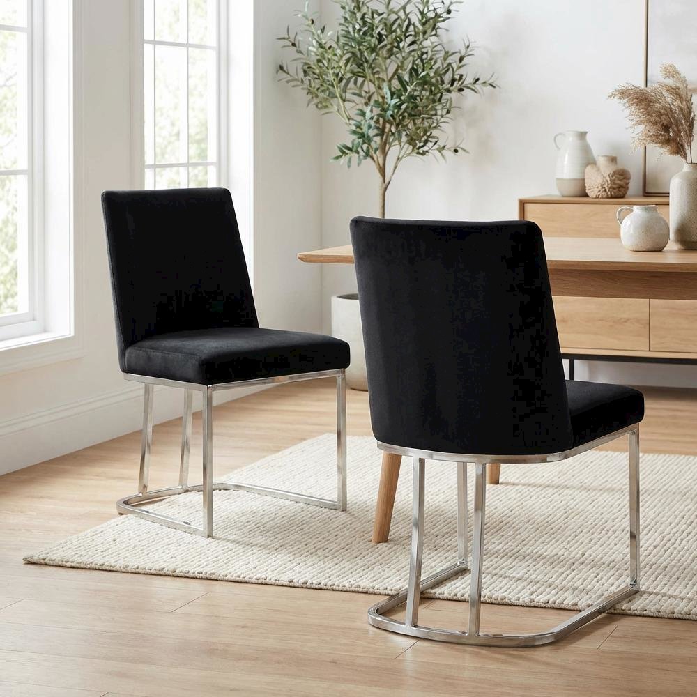 Chrome Contemporary Velvet Dining Chair Set of 2 with Cushioned Seat. Picture 3
