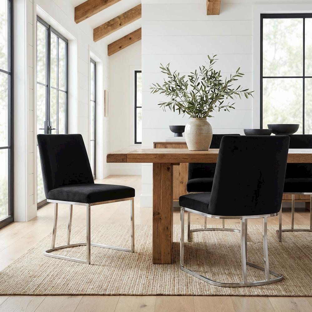 Chrome Contemporary Velvet Dining Chair Set of 2 with Cushioned Seat. Picture 2
