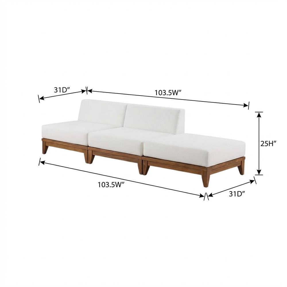 White Fabric Outdoor Patio Modular Sofa, Acacia Wood Finish, Contemporary Design. Picture 7