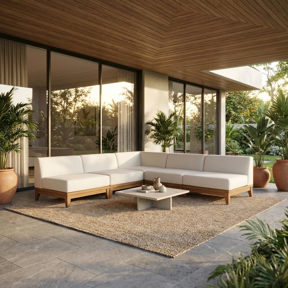 White Fabric Outdoor Patio Modular Sectional With Acacia Wood Finish. Picture 2