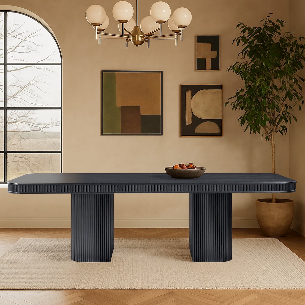Mohari 112" / 160" Black Solid Wood And Oak Veneer Dining Table (3 Boxes). Picture 7