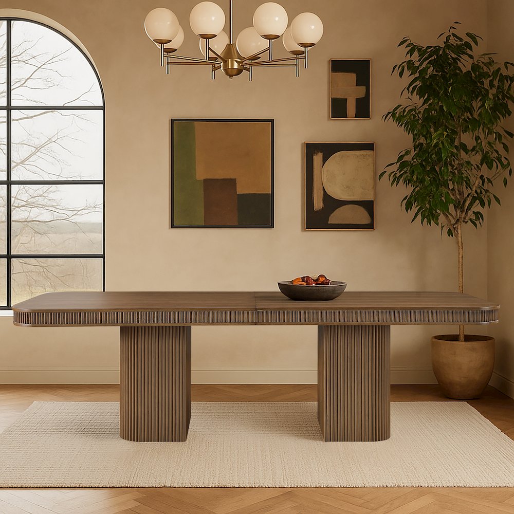 Mohari 112" / 160" Brown Solid Wood And Oak Veneer Dining Table (3 Boxes). Picture 7