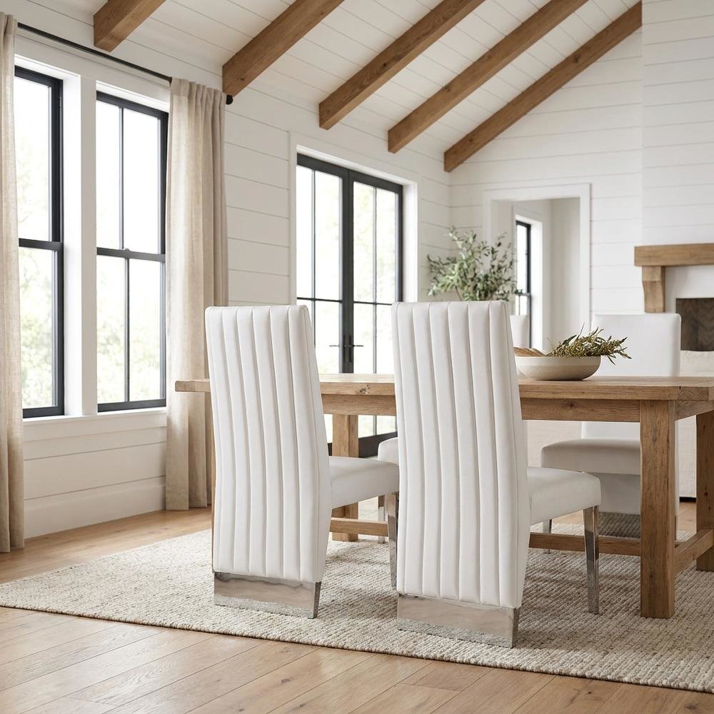 Vegan Leather Upholstered Dining Chair, White Vegan Leather, Set of 2. Picture 3