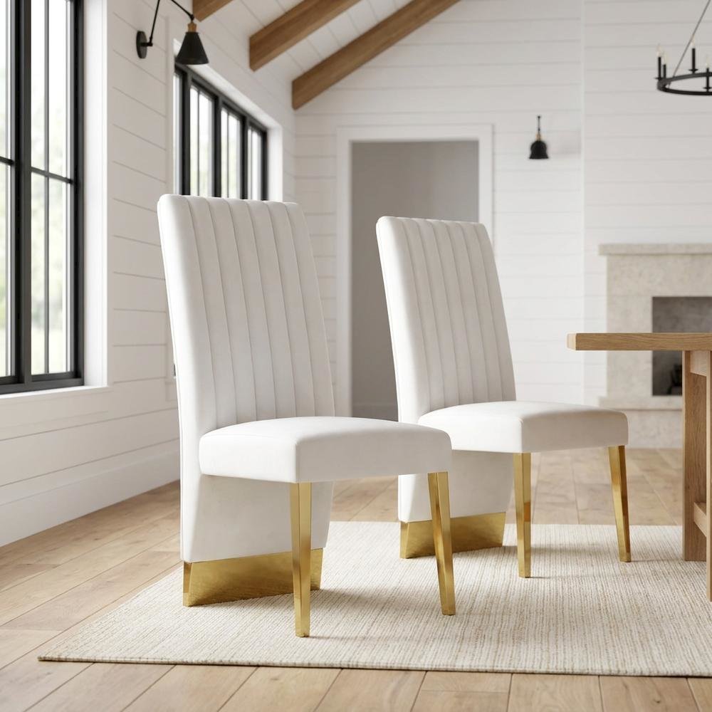 Velvet Upholstered Dining Chairs with Gold Metal Legs, Cream Velvet, Set of 2. Picture 3
