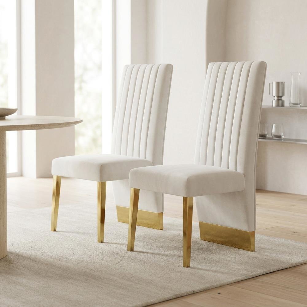 Velvet Upholstered Dining Chairs with Gold Metal Legs, Cream Velvet, Set of 2. Picture 4