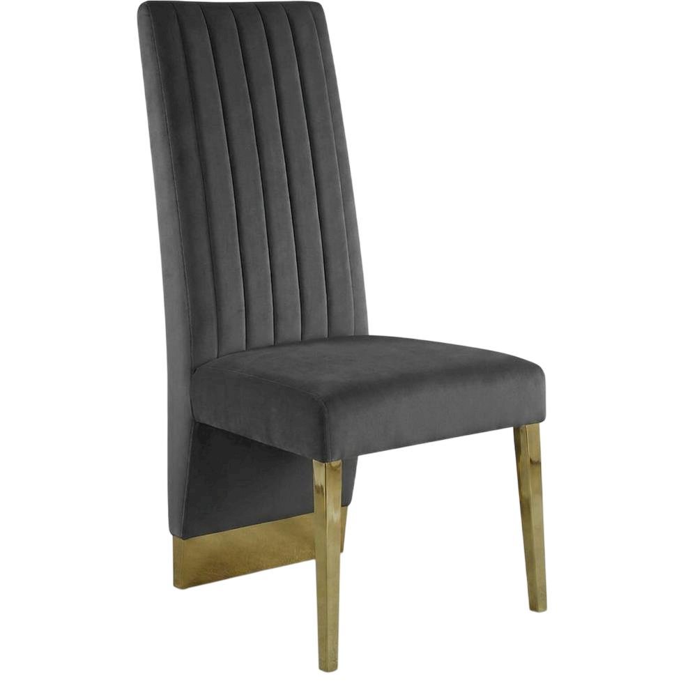 Velvet Upholstered Dining Chairs with Gold Metal Legs, Grey Velvet, Set of 2. Picture 4