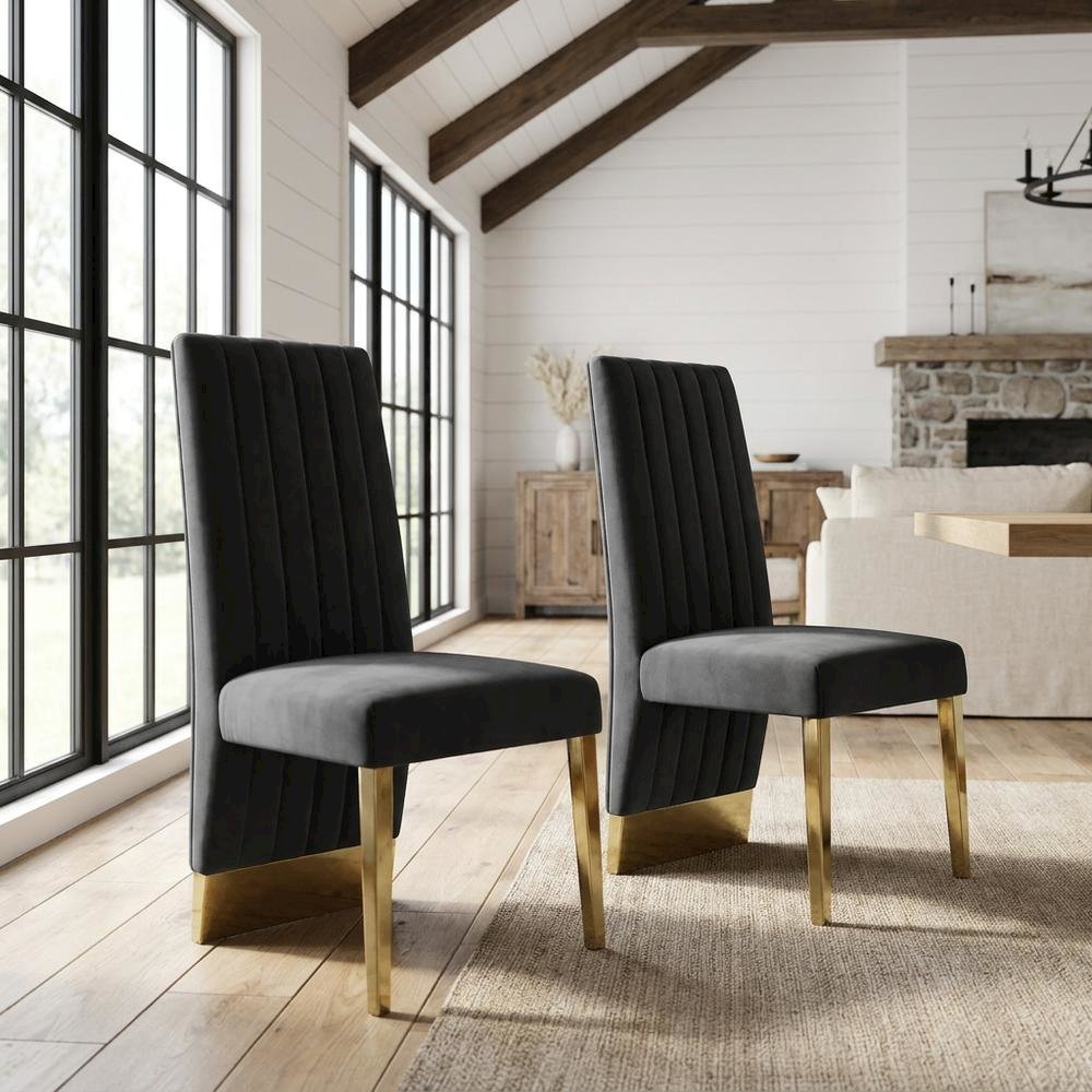 Velvet Upholstered Dining Chairs with Gold Metal Legs, Grey Velvet, Set of 2. Picture 2