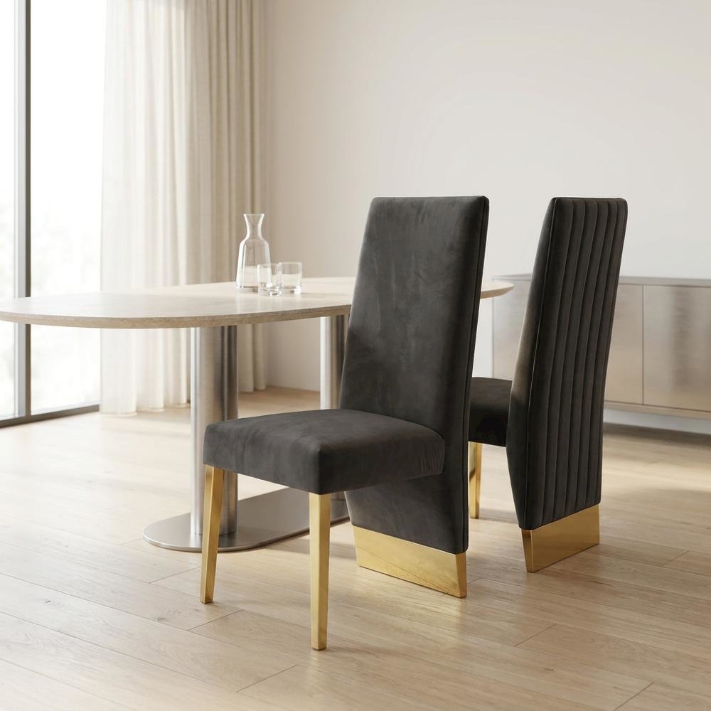 Velvet Upholstered Dining Chairs with Gold Metal Legs, Grey Velvet, Set of 2. Picture 3