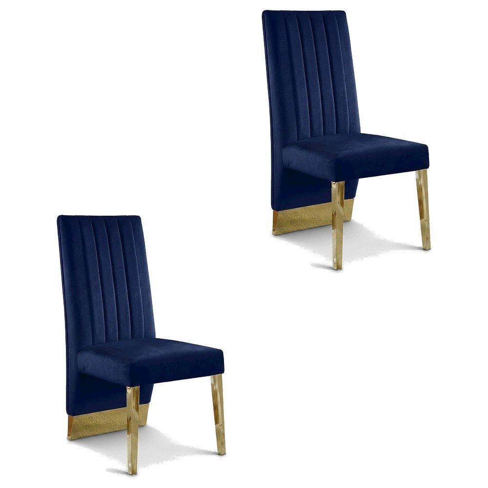 Velvet Upholstered Dining Chairs with Gold Metal Legs, Navy Velvet, Set of 2. Picture 1
