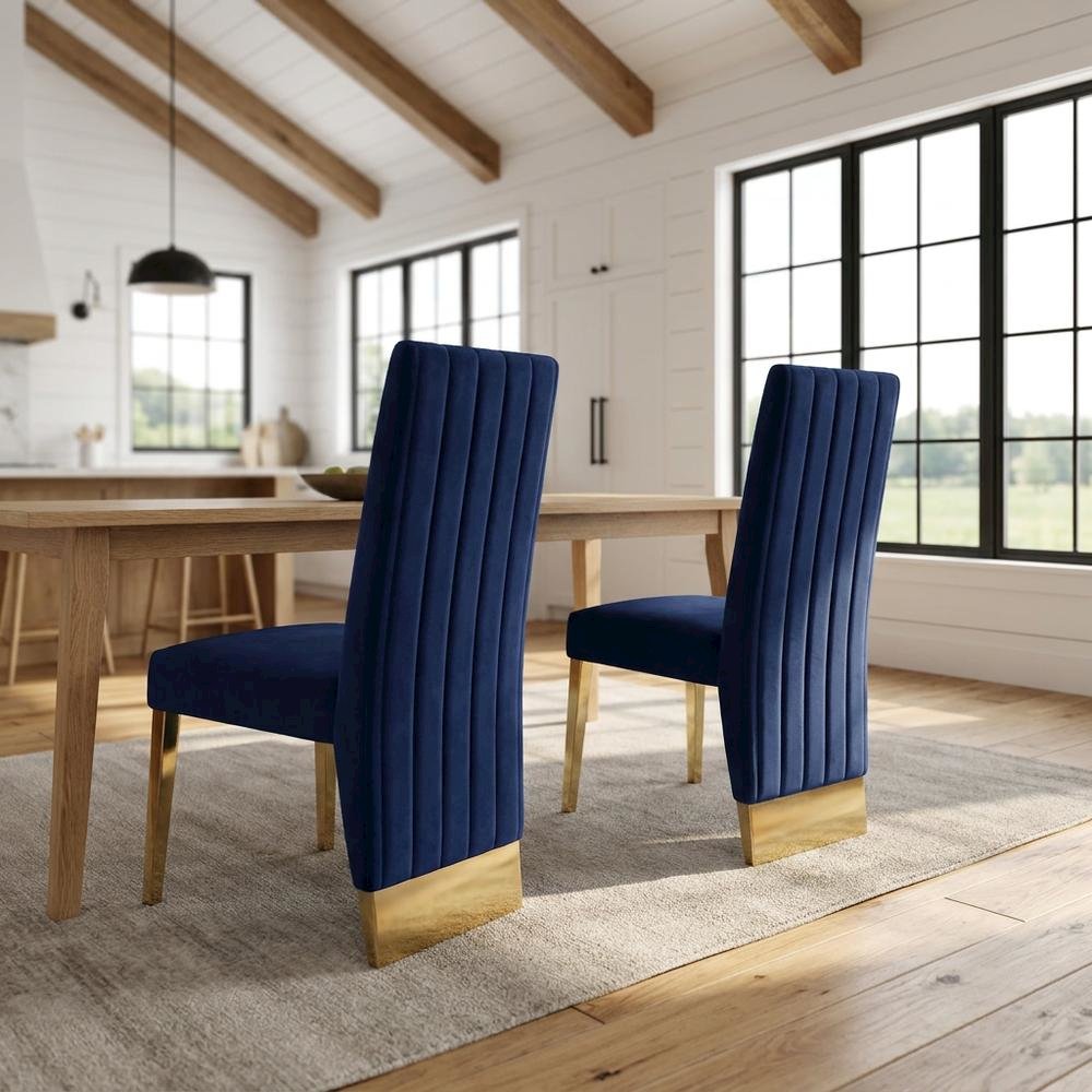 Velvet Upholstered Dining Chairs with Gold Metal Legs, Navy Velvet, Set of 2. Picture 3
