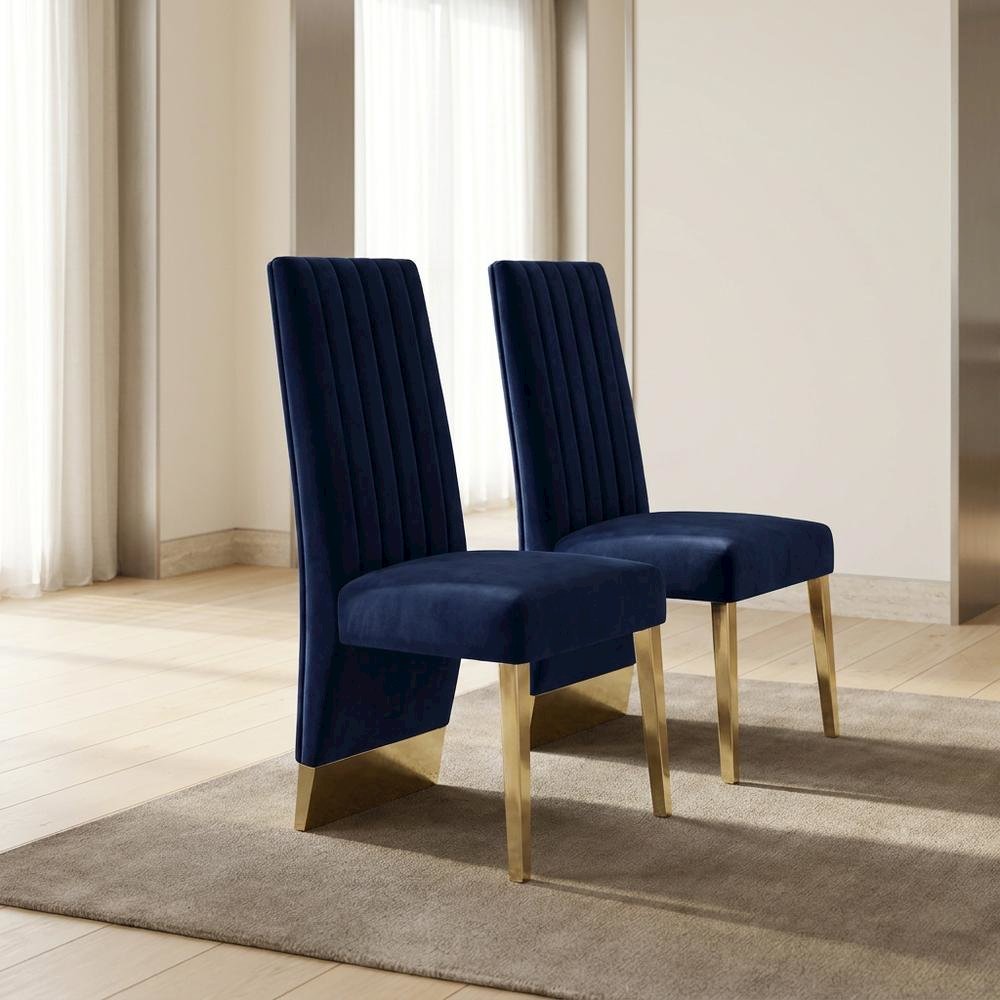 Velvet Upholstered Dining Chairs with Gold Metal Legs, Navy Velvet, Set of 2. Picture 4
