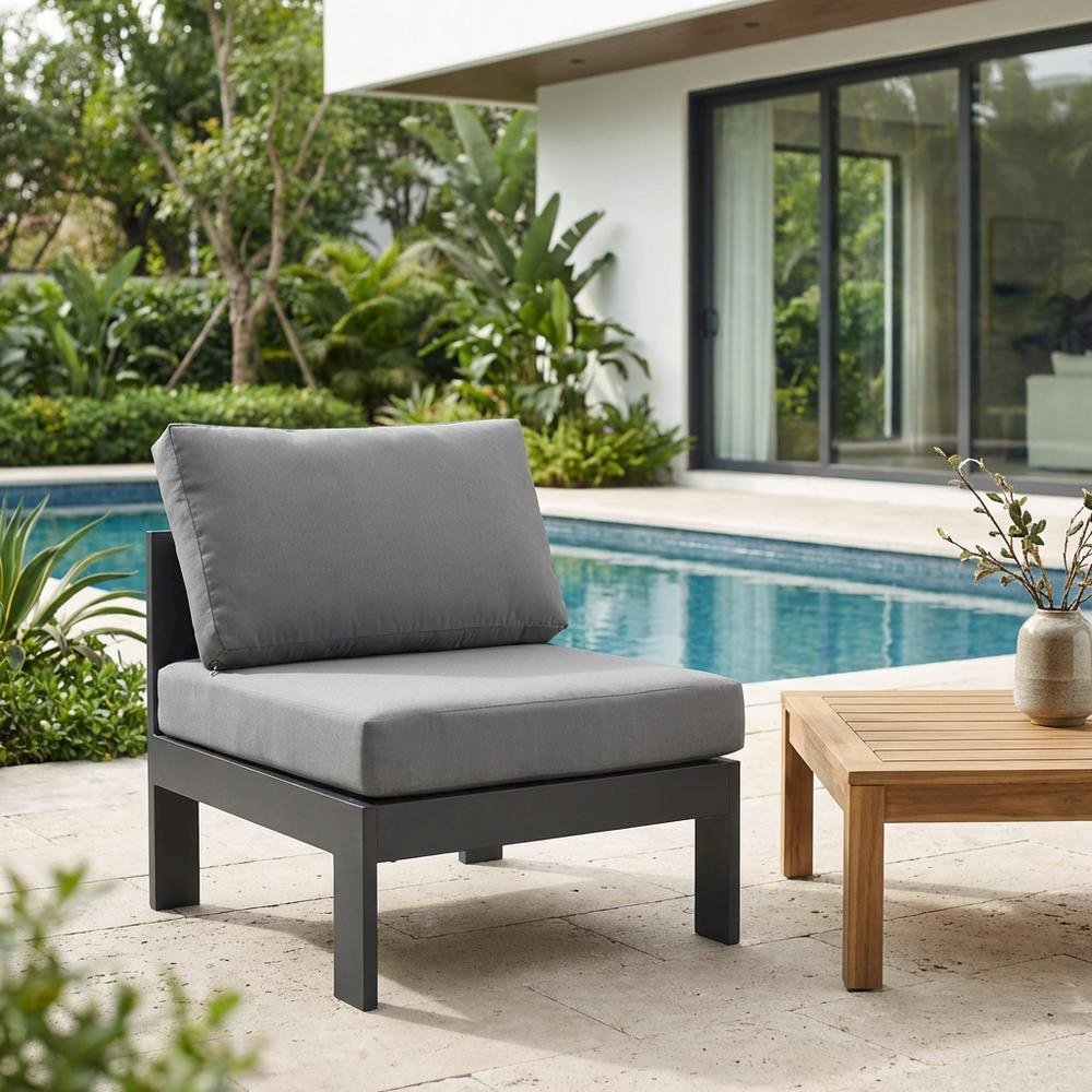 Gray Fabric Outdoor Patio Aluminum Armless Chair With Contemporary Style. Picture 3