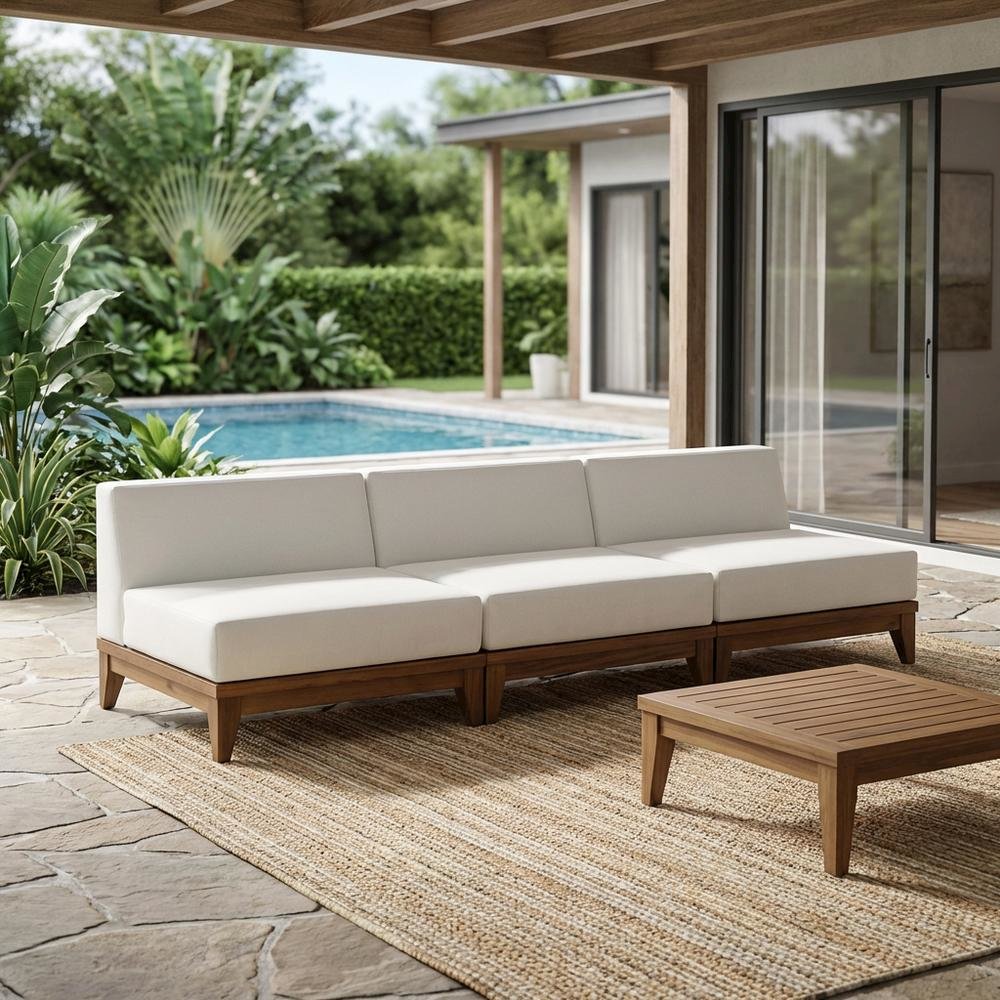 White Fabric Outdoor Patio Modular Sofa, Acacia Wood Finish, Contemporary Design. Picture 3