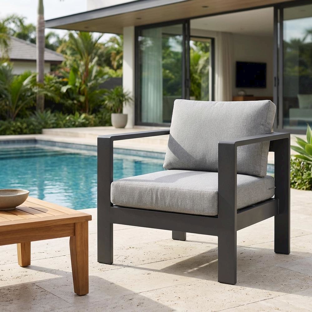 Gray Fabric Outdoor Patio Armchair With Aluminum Frame And Contemporary Design. Picture 3