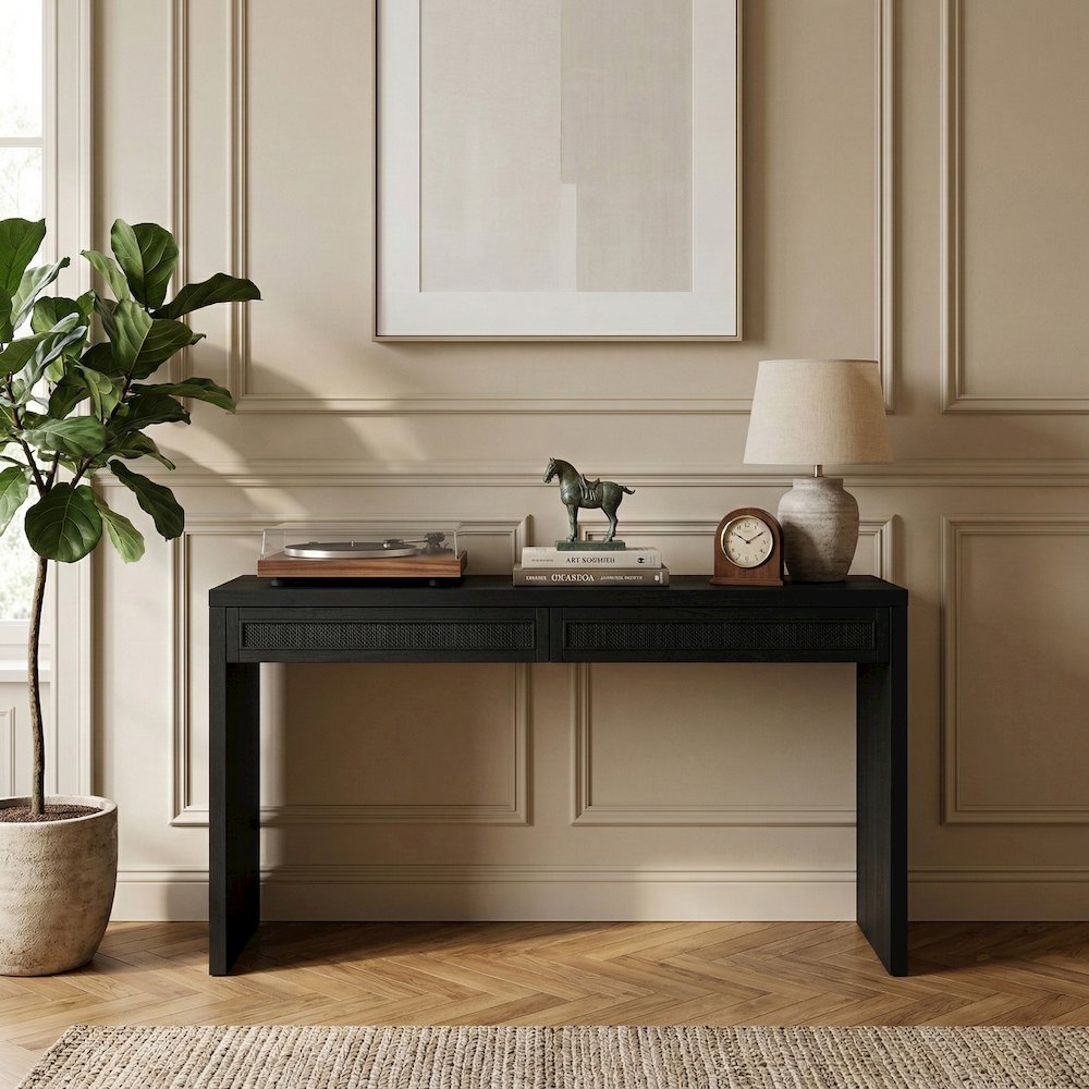 Avro Black Solid Wood And Oak Veneer Desk. Picture 2