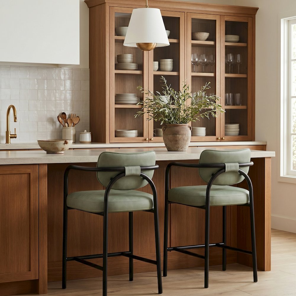 Serava Green Vegan Leather Upholstered Counter Stool. Picture 2