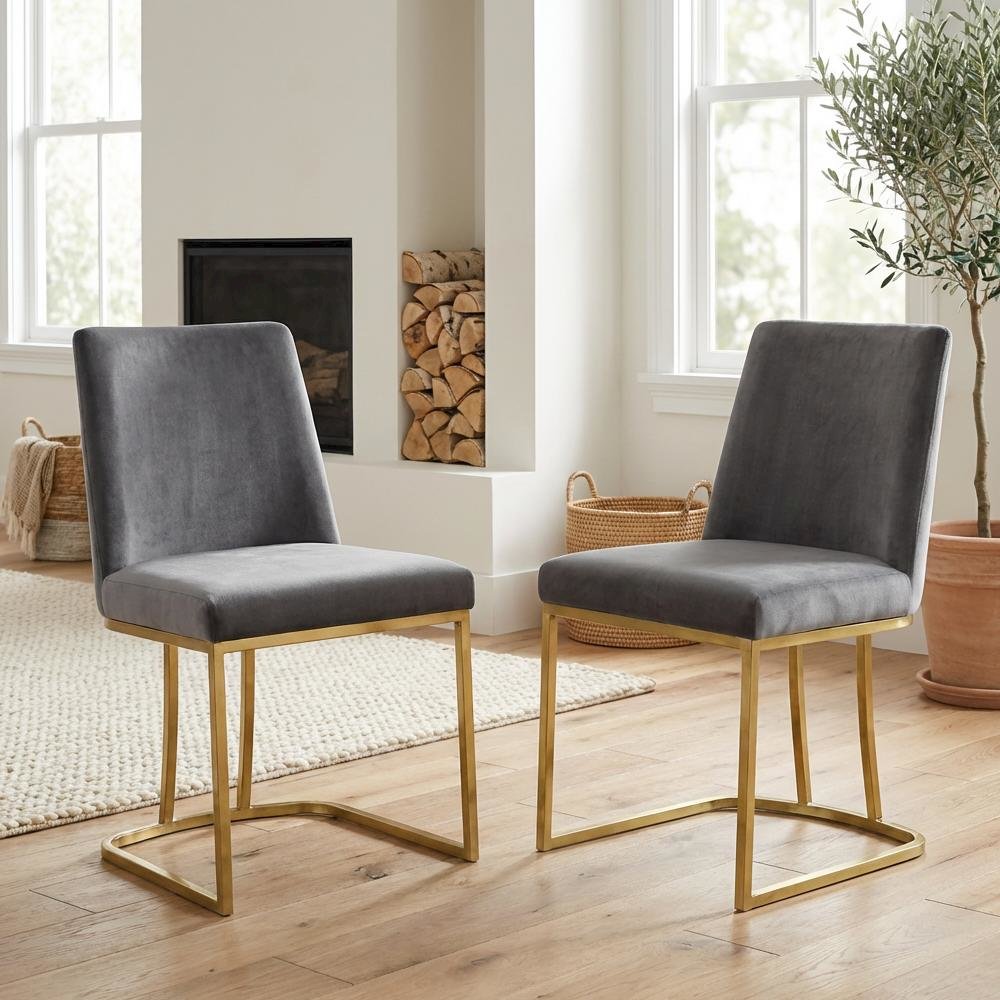 Gold Velvet Dining Chair Set of 2 with Contemporary Back Design. Picture 3