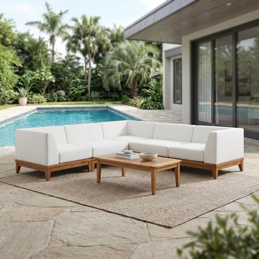 White Fabric Outdoor Patio Modular Sectional With Acacia Wood Finish. Picture 3