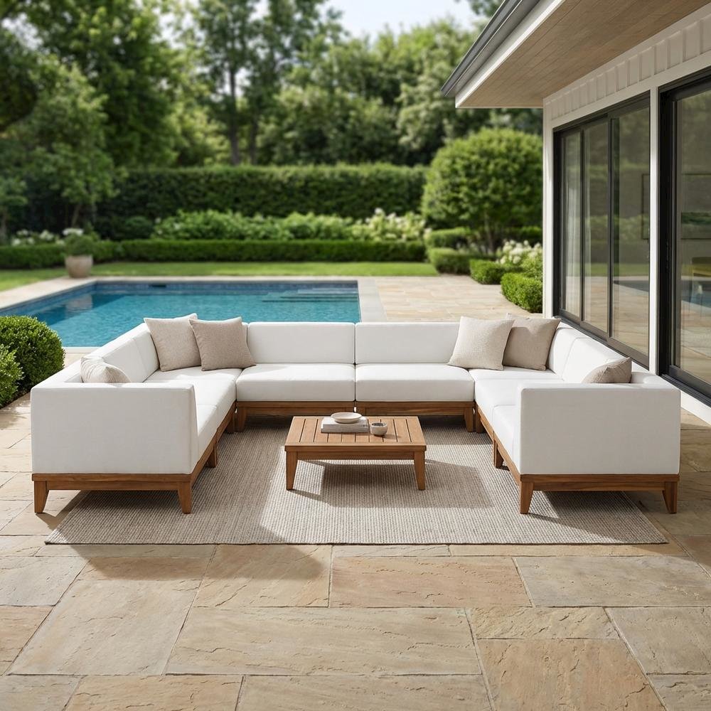 White Fabric Outdoor Patio Modular Sectional With Acacia Wood Finish. Picture 3