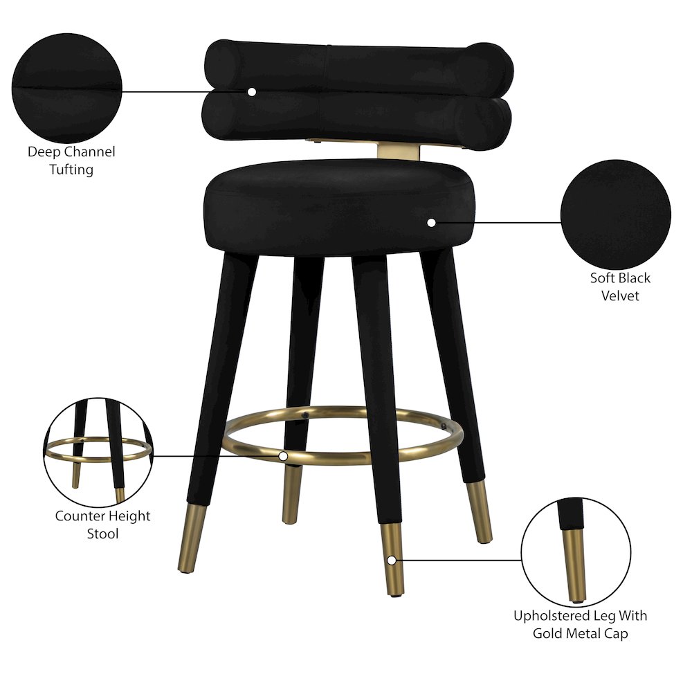 Fitzroy Black Velvet Counter Stool, Set of 2. Picture 8