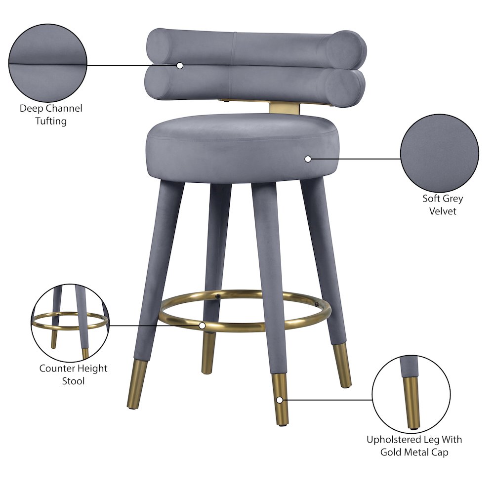 Fitzroy Grey Velvet Counter Stool, Set of 2. Picture 8