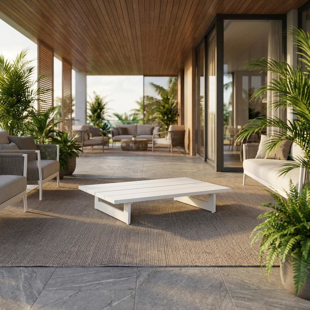 White Outdoor Patio Coffee Table With Contemporary Style And Durable Finish. Picture 2