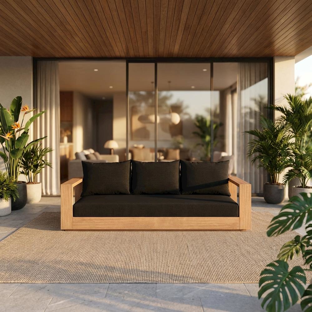 Contemporary Black Fabric Outdoor Sofa With Cushioned Seating And Pillow. Picture 2