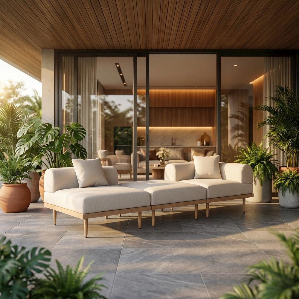 Beige Fabric 3-Piece Outdoor Modular Sofa with Cushions and Contemporary Style. Picture 2