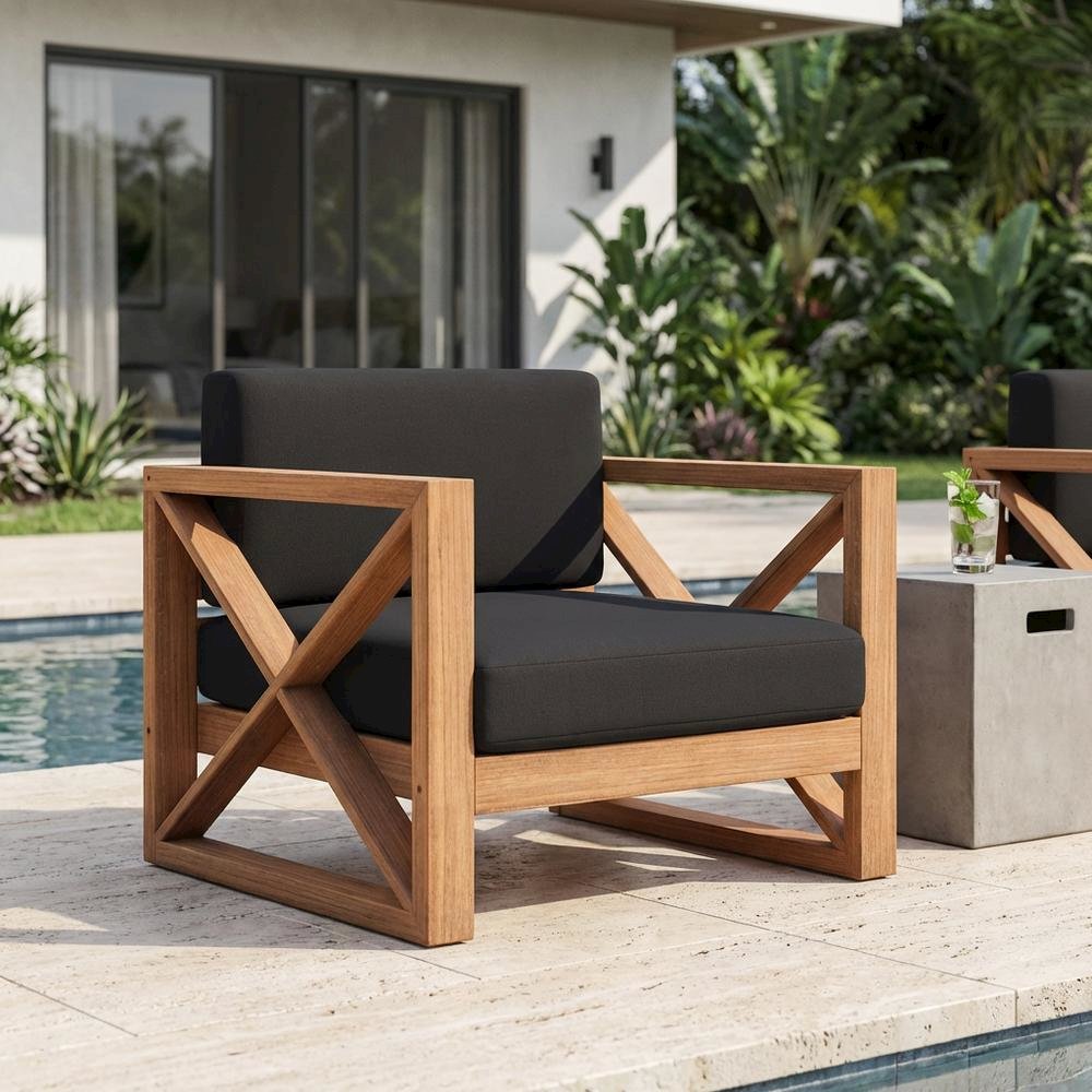 Contemporary Black Fabric Outdoor Chair With Cushioned Seat And Finish. Picture 3