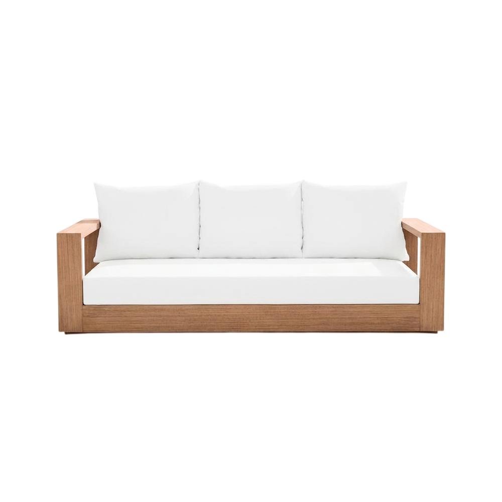 Contemporary White Fabric Outdoor Sofa With Cushions And Teak Finish. Picture 4