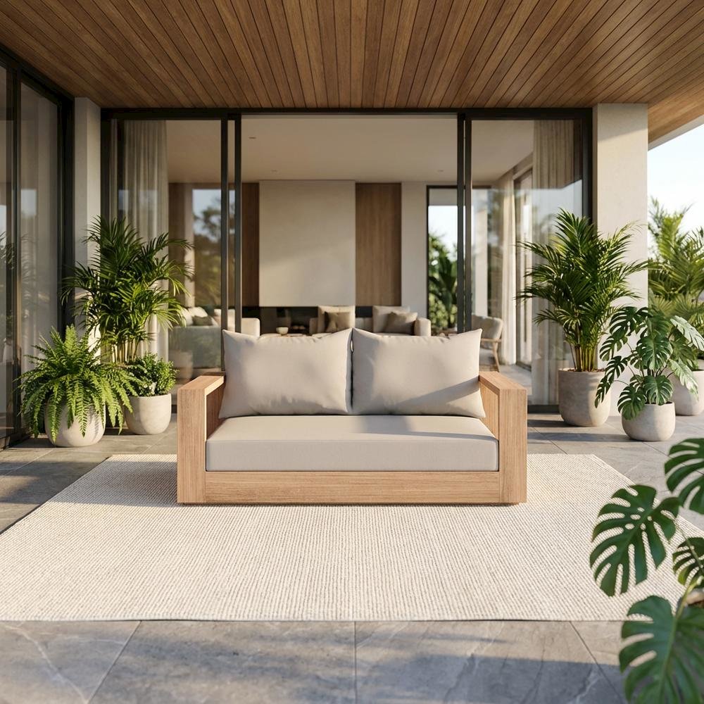 Gray Fabric Outdoor Loveseat With Cushioned Seating And Teak Finish. Picture 2