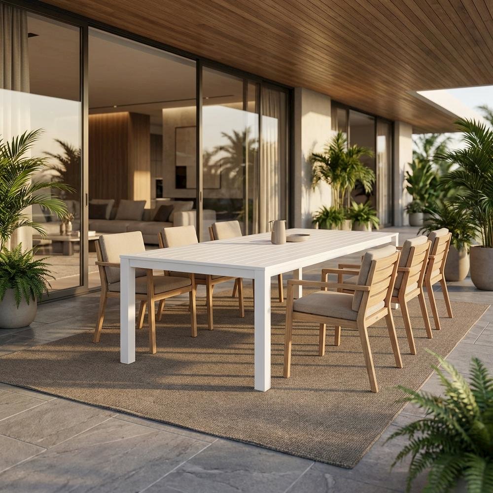 Contemporary White Outdoor Dining Table For Patio With Adjustable Width. Picture 2