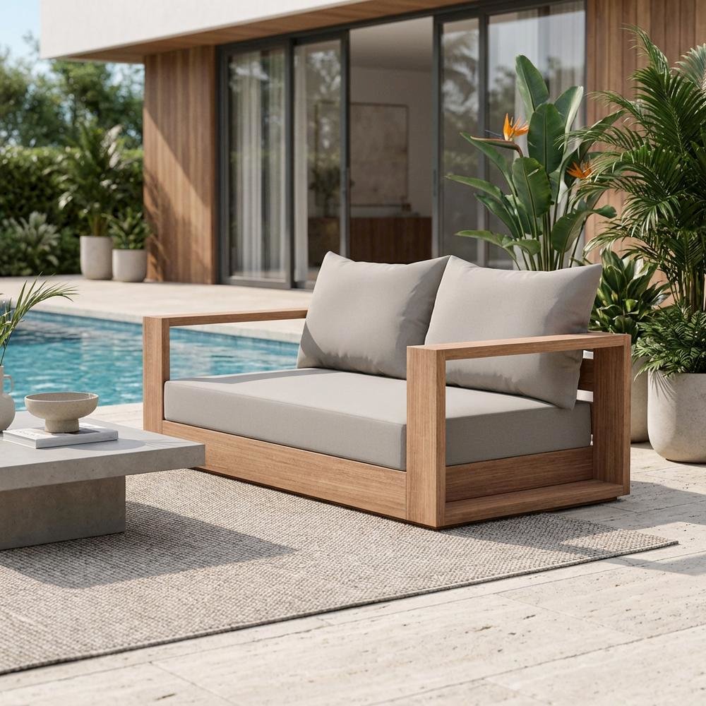 Gray Fabric Outdoor Loveseat With Cushioned Seating And Teak Finish. Picture 3