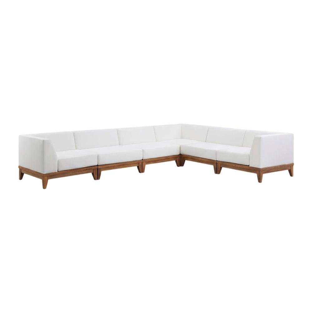White Fabric Outdoor Patio Modular Sectional, Acacia Wood Finish, Contemporary. Picture 1